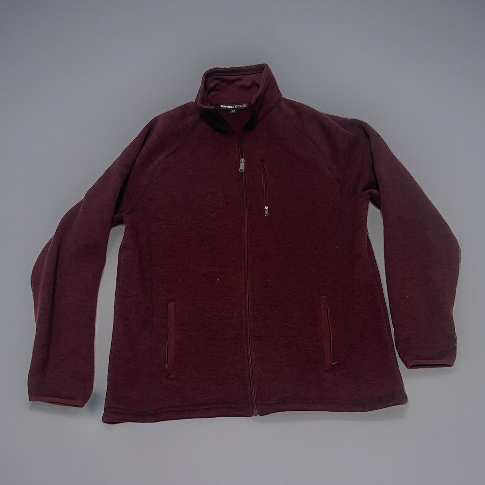 Swiss Tech Mens Full Zip Fleece Jacket Burgundy Heathered Large L 42-44 Pockets